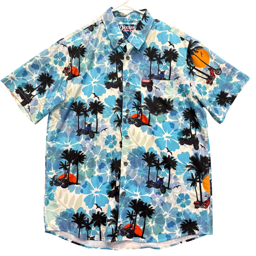 Dixxon Button-Down Shirt Mens L Blue Tropical Motorcycle Aloha Series Biker
